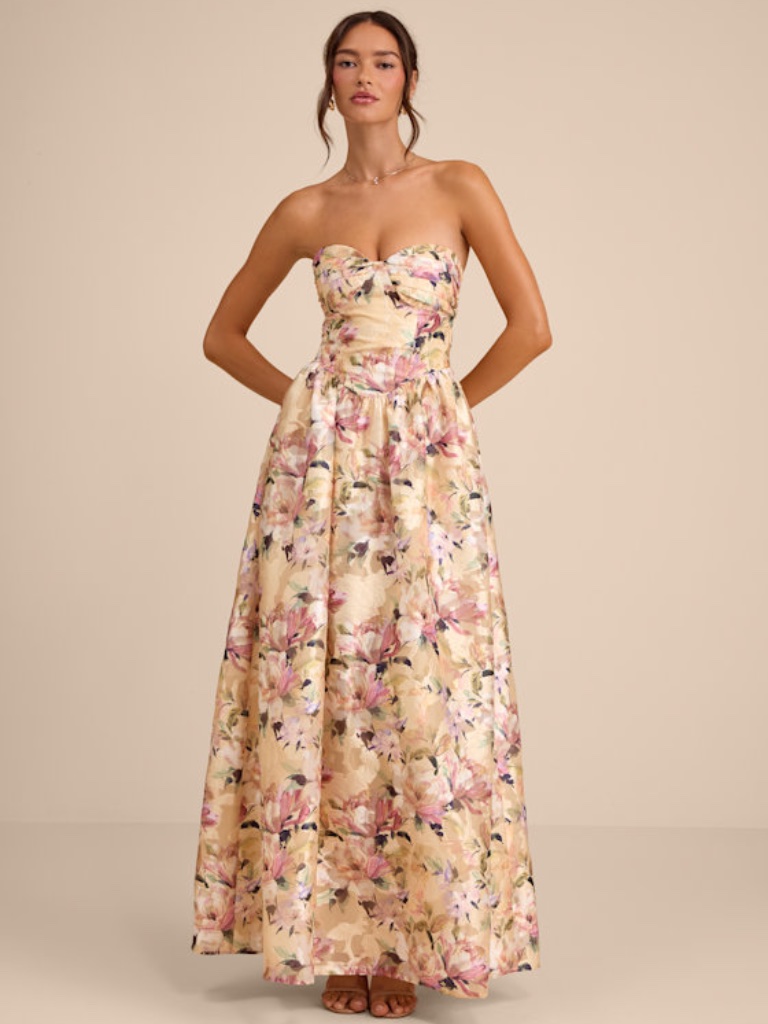 Lulus Kathani Light Yellow Floral Jacquard Bustier Maxi Dress - Size M